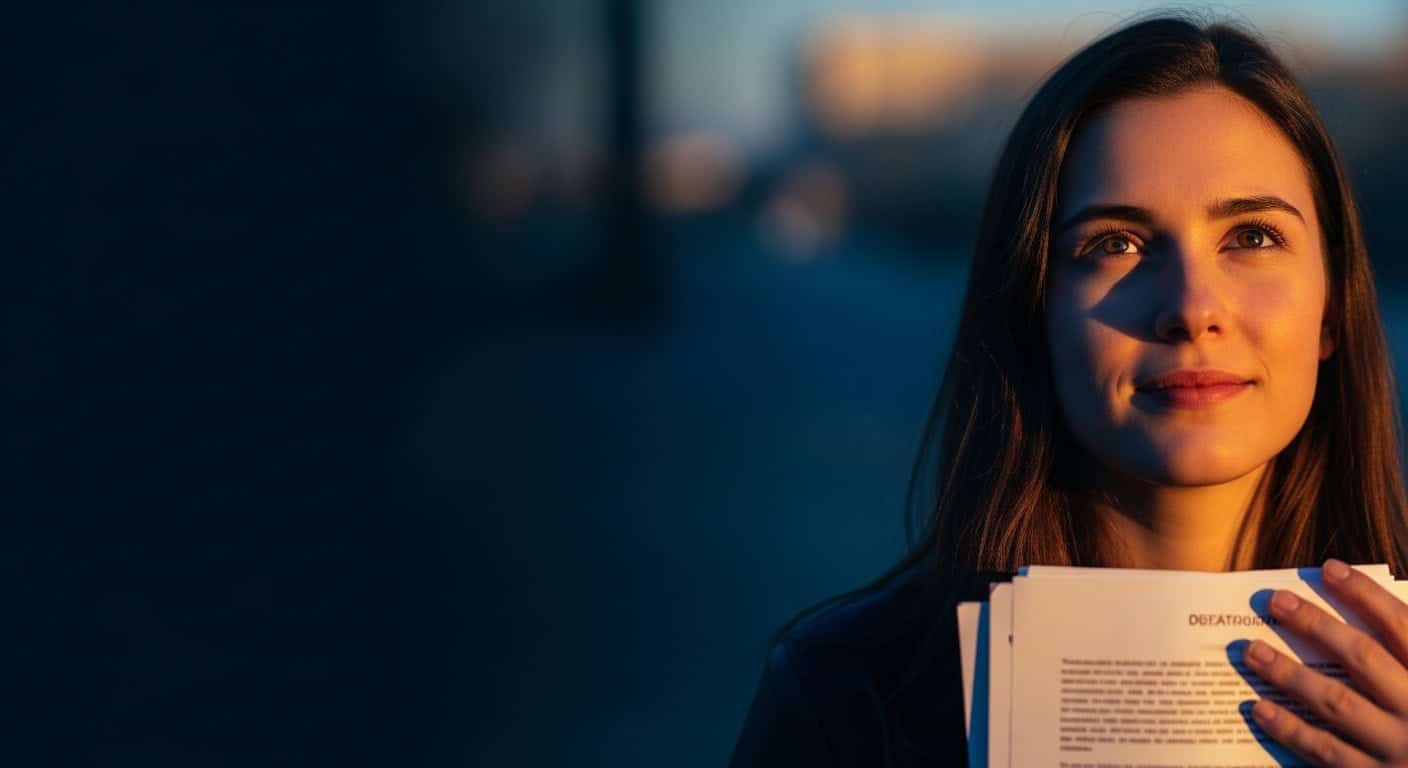 Jovem mulher com documentos de imigração, especialista em green card e vistos de trabalho nos EUA.