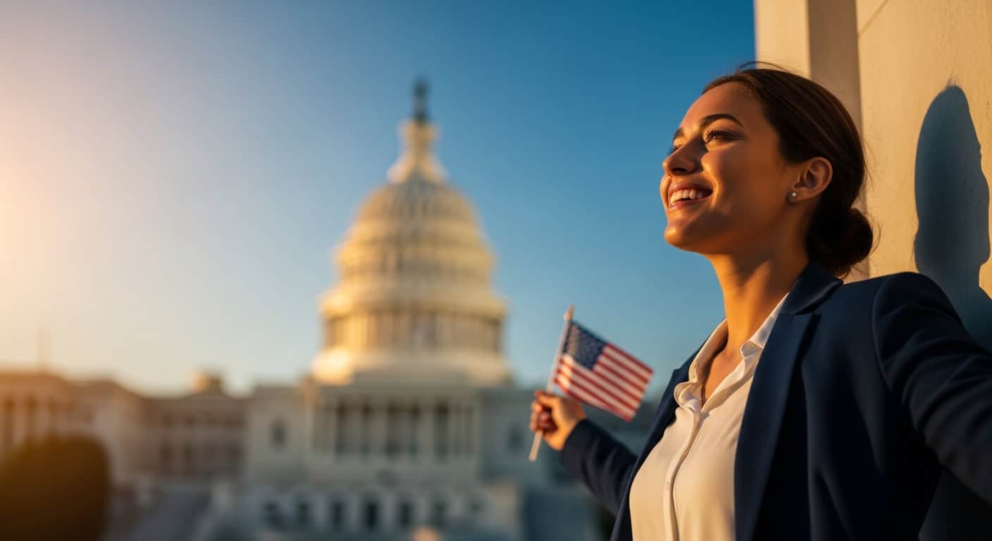 Mulher sorridente com bandeira dos EUA, representando sucesso em imigração e direito de visto de tra.