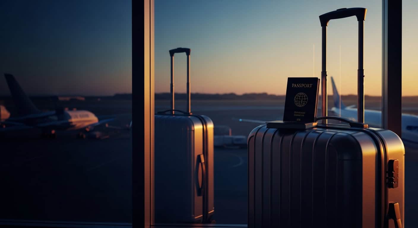 Malas de viagem no aeroporto com passaporte, simbolizando imigração e oportunidades nos EUA.