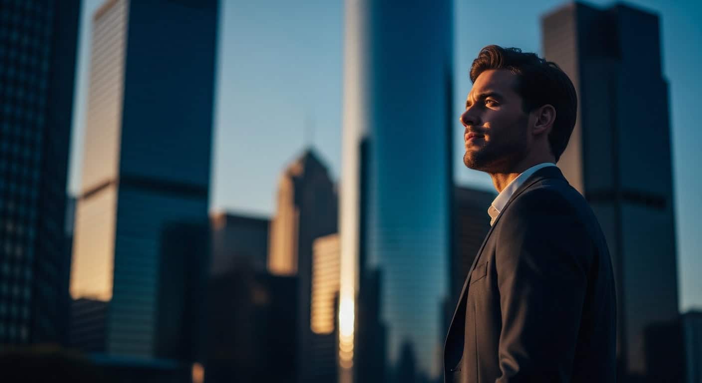 Jovem profissional em cidade americana, representando sucesso em imigração e oportunidades nos EUA.