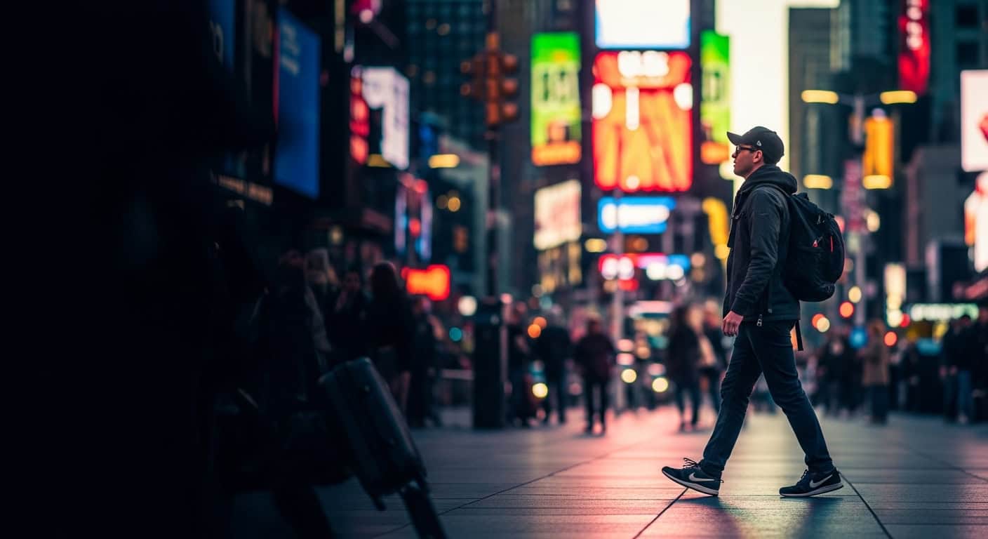 Jovem homem com mochila caminhando em Times Square, Nova York, buscando oportunidades de imigração n.