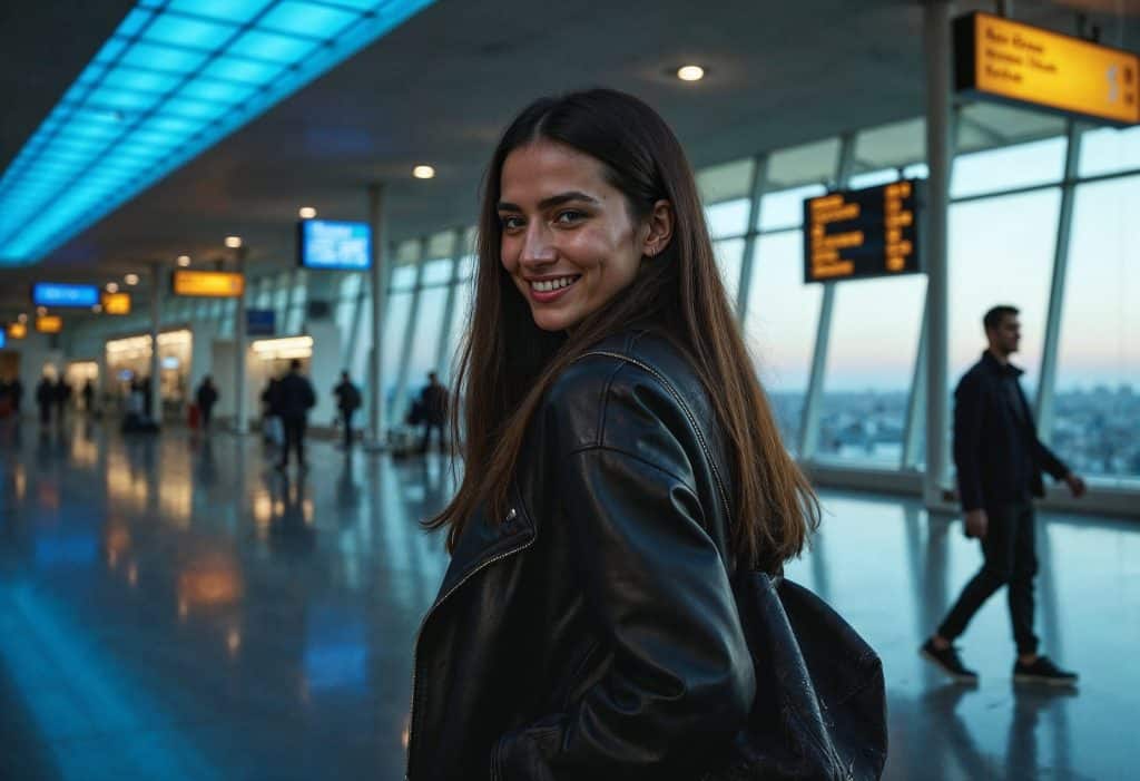 Advogado de imigração USA, mulher no aeroporto com bagagem, preparação para visto de turista.